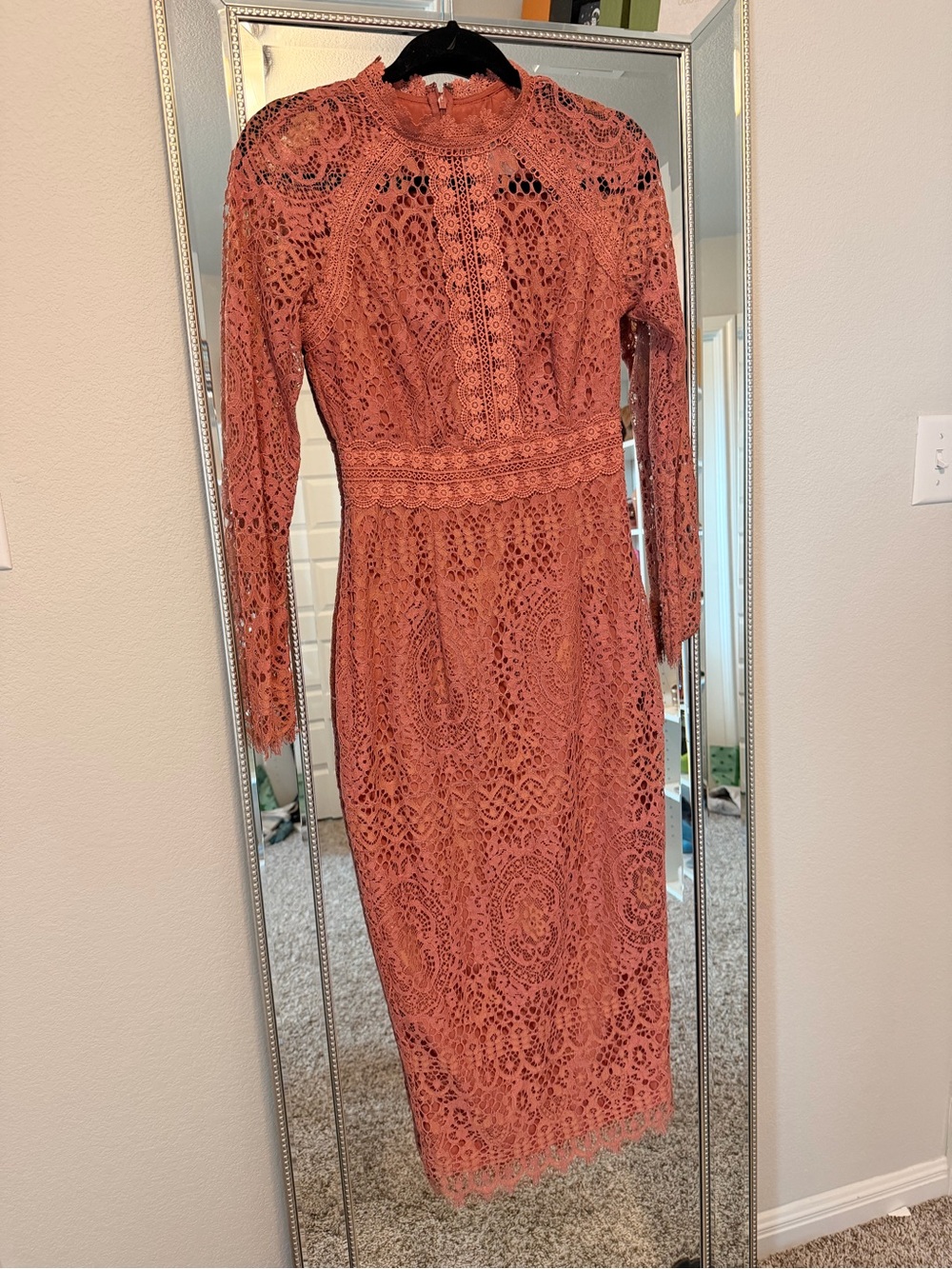 ASOS Coral Lace Long-Sleeve Midi Dress